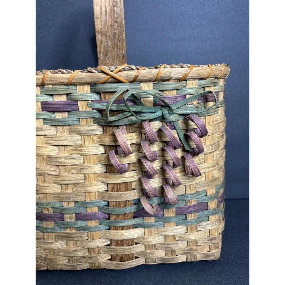 Vintage Handmade Split Wood Basket Divided Bow Design 14
